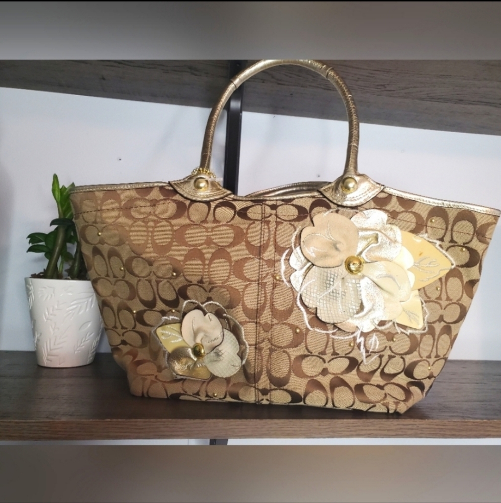 Coach Monogram Beautiful Flower Embellished Detail Gold Tones